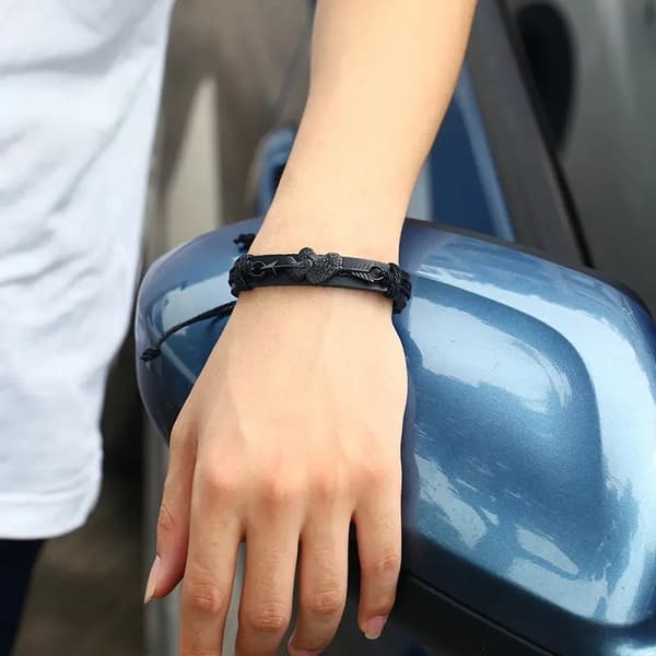 Ægte læder justerbar sort dobbelt hjerte armbånd gave til mænd