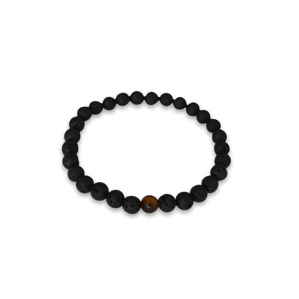 Armband - Natur - Tigeröga - Vulkanisk lava - Rund - 6mm