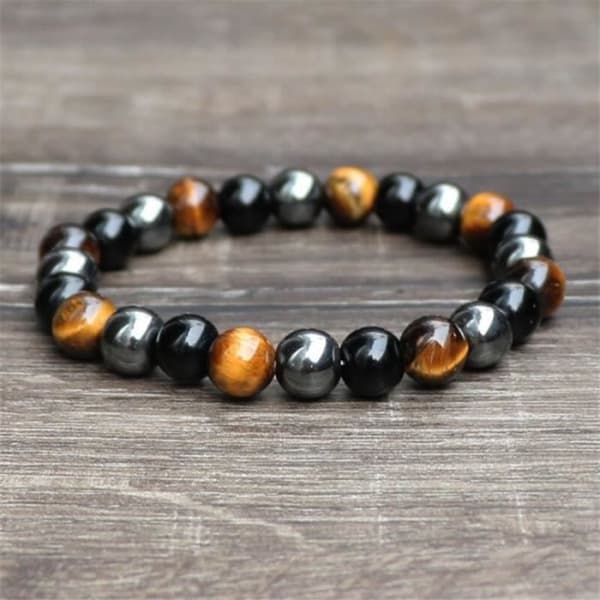 Naturlig svart hematit Obsidian armband för män och kvinnor, Tiger Eye Beads smycken för skydd [36A9A79]