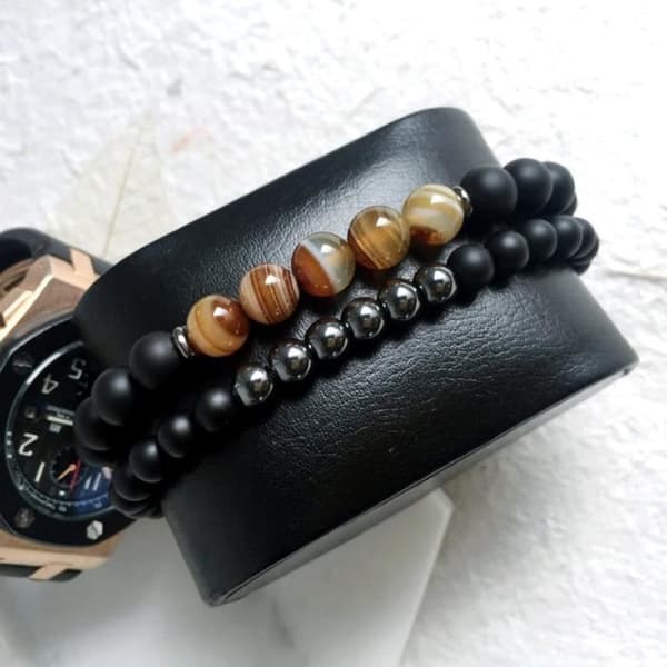 Armband - LPJFA - Mattsvart Onyx - Set med armband - Elastiskt - Natursten