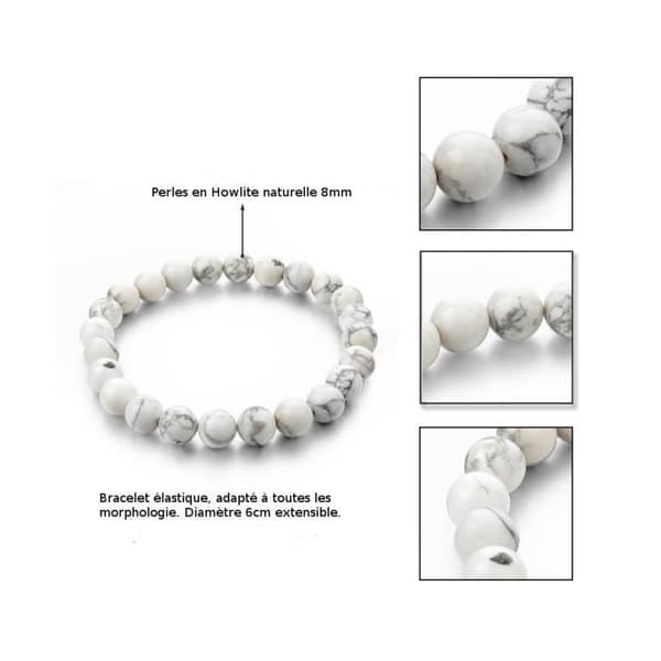 Armband - Lithoterapi - Naturlig Howlite - Elastisk - Förankring - Avkoppling