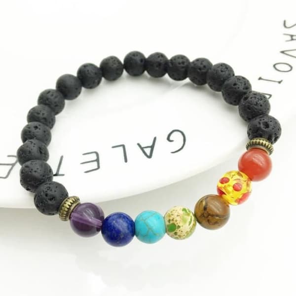 Armband - 7 Chakras - Svart - Lava Beads - Agat - Unisex