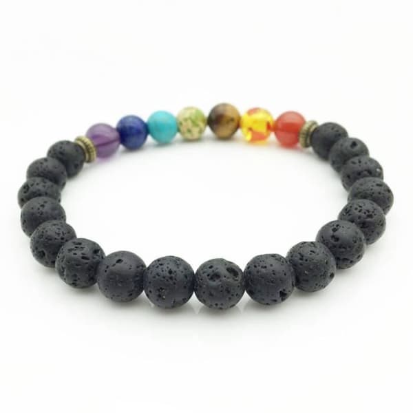 Armband - 7 Chakras - Svart - Lava Beads - Agat - Unisex