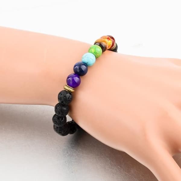 Armband - FANTASTISKA BIJOUX - Naturlig Svart Lava - Flerfärgade Jadepärlor - 8 mm - 7 chakran