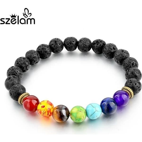 Armband - FANTASTISKA BIJOUX - Naturlig Svart Lava - Flerfärgade Jadepärlor - 8 mm - 7 chakran
