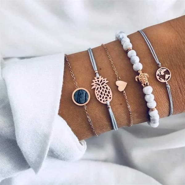Armband för kvinnor 5 st Geometrisk kedja Öppen manschett Världskarta Pärlsköldpadda och turkos armbandsset Boh[47]
