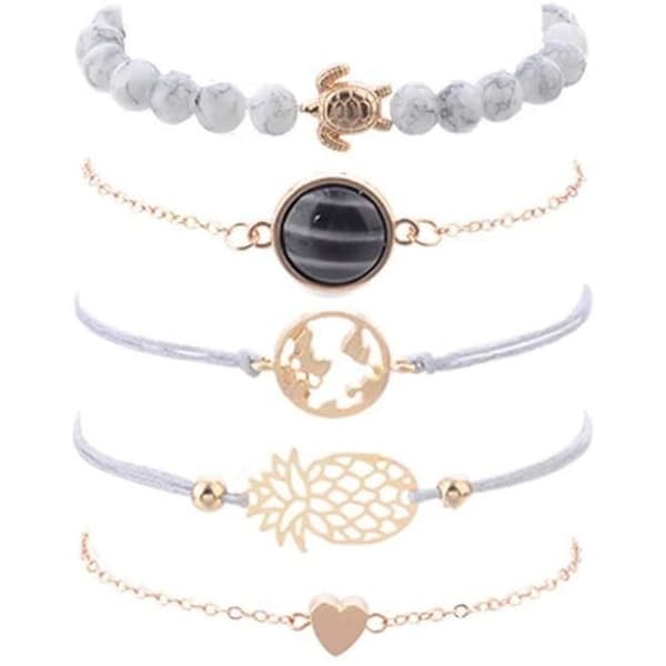 Damarmband 5 st Geometrisk kedja Öppen manschett Världskarta Pärlsköldpadda och turkos armband Bohemian Set[64]