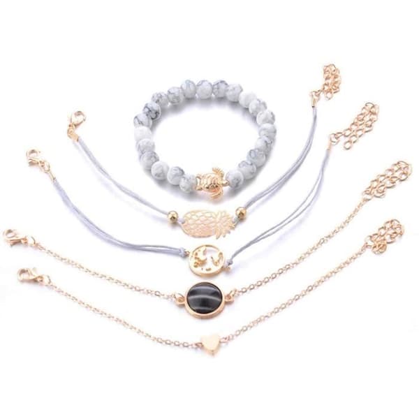 Damarmband 5 st Geometrisk kedja Öppen manschett Världskarta Pärlsköldpadda och turkos armband Bohemian Set[64]