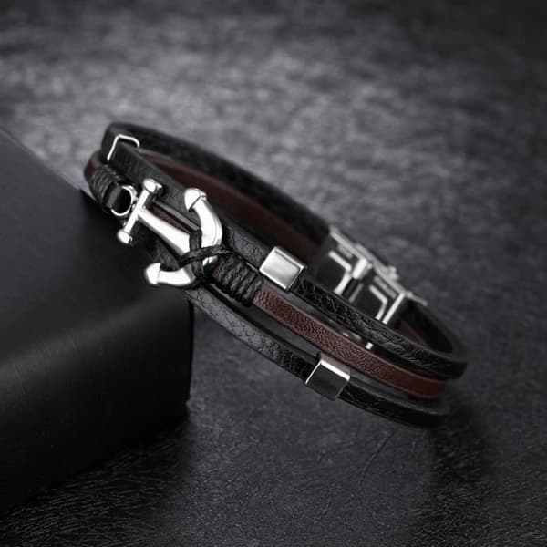 Armband - Herr - Vintage - Titanstål - Läder - Svart - 21 cm
