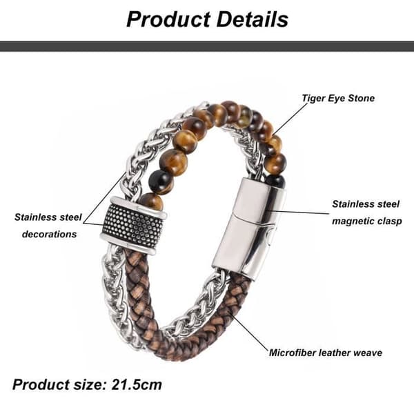 Flätat läder- bruna pärlor- silverkedja- 2 i 1 armband med rostfritt stålspänne för män
