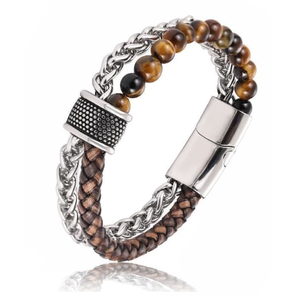 Flätat läder- bruna pärlor- silverkedja- 2 i 1 armband med rostfritt stålspänne för män