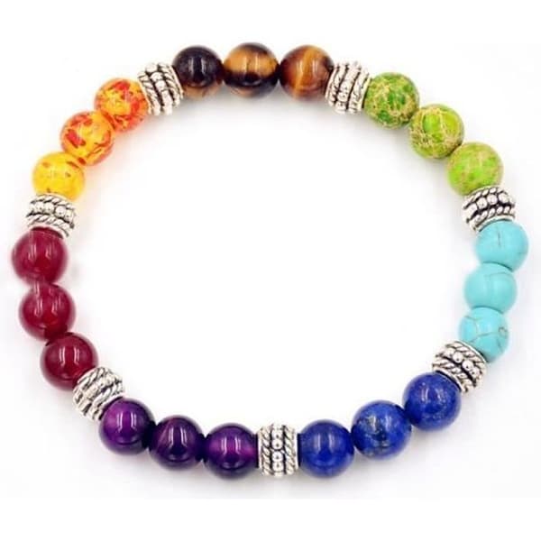 Armband 7 chakras - Ljusterapi - Elastisk - Halvädelstenar - Silverfärgad metall - 21 pärlor