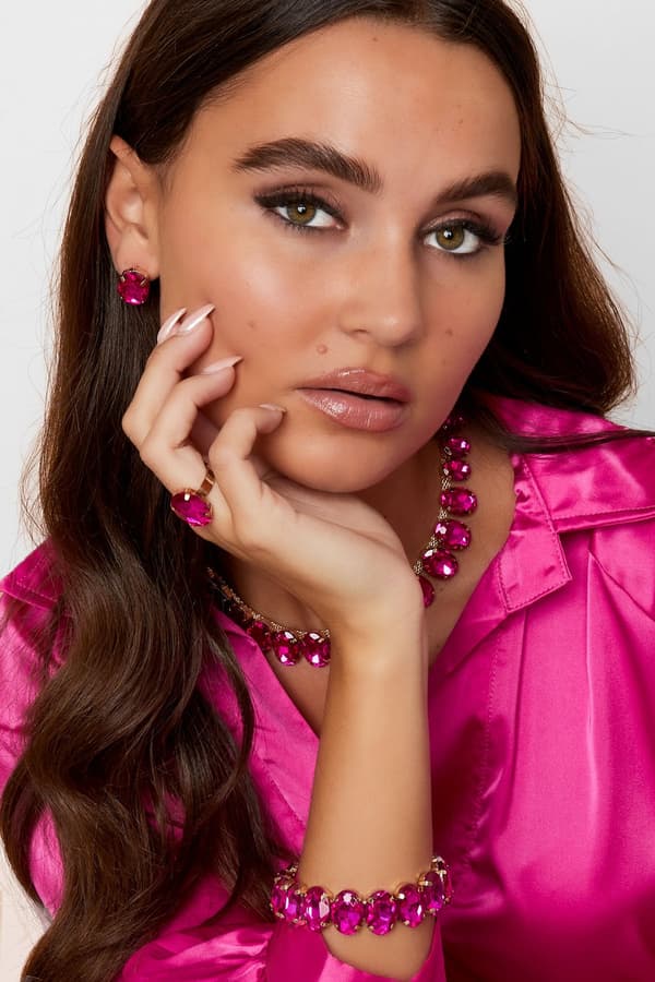 Statement Guldpläterat Armband med Ovala Glaspärlor - Fuchsia