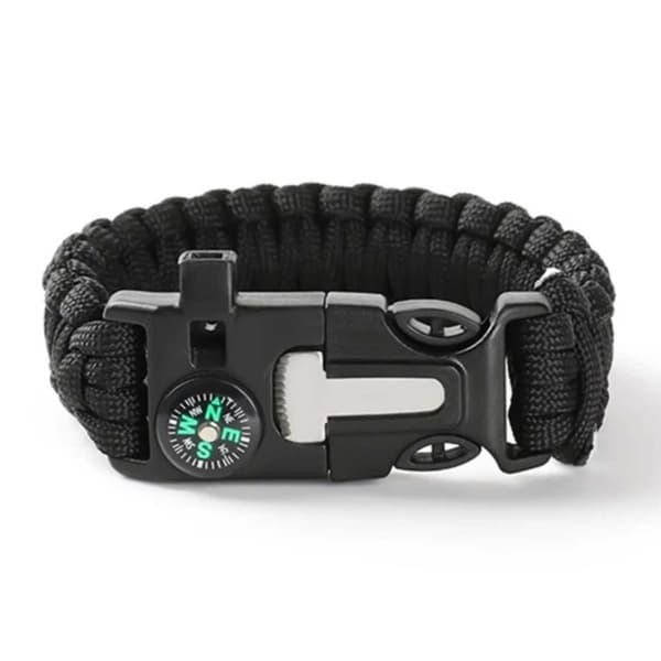 Paracord armbånd med tændrør, kompas og fløjte sort