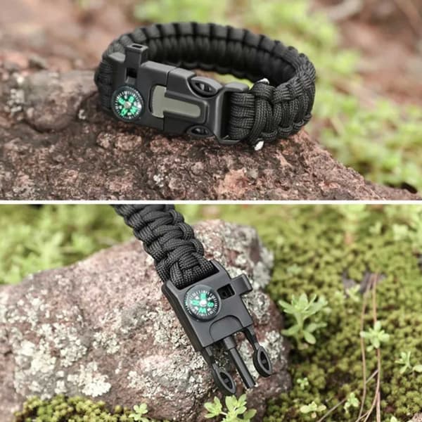 Paracord armbånd med tændrør, kompas og fløjte sort