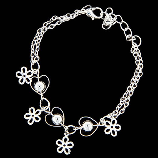 Sött Silver Armband - Dubbla Kedjor med Blommor & Hjärtan