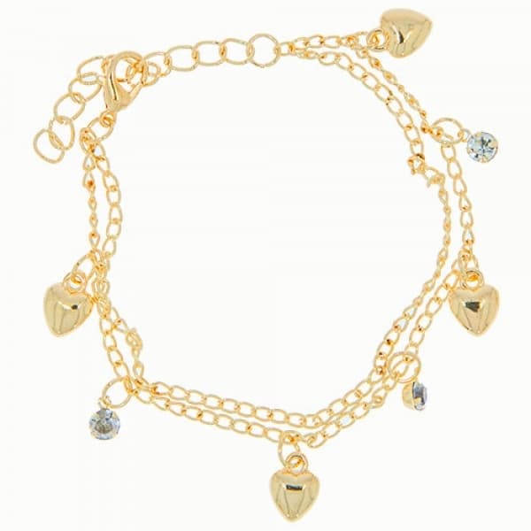 Sött Guld Armband - Dubbla Kedjor med Hjärtan & Rhinestones