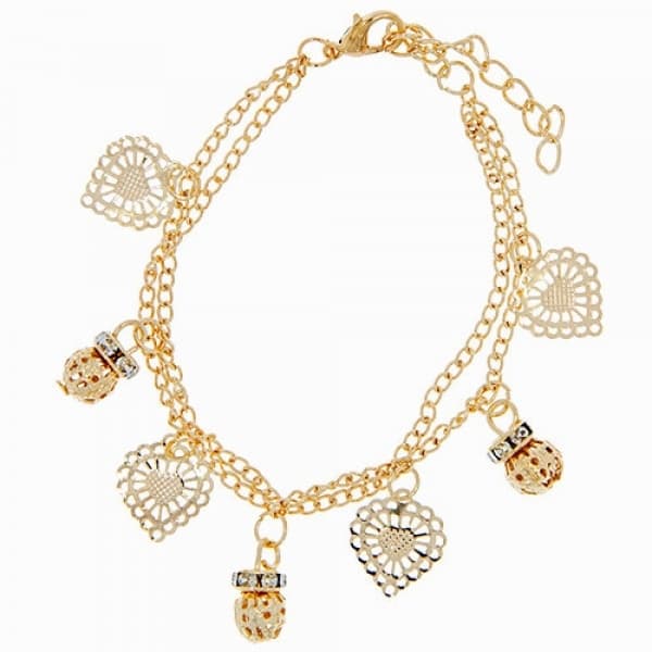 Sött Guld Armband - Dubbla Kedjor med Hjärtan & Rhinestones