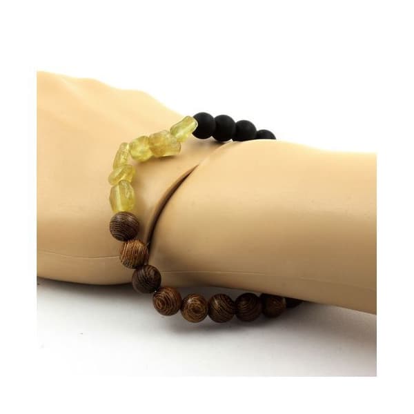 Stenar och mineraler. Gult apatitarmband från Madagaskar + Mattsvarta onyxpärlor + trä 8 Tillverkat i Frankrike.