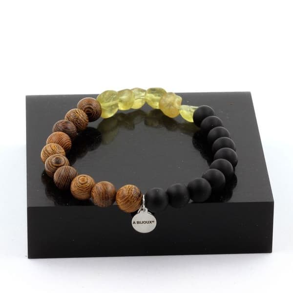 Stenar och mineraler. Gult apatitarmband från Madagaskar + Mattsvarta onyxpärlor + trä 8 Tillverkat i Frankrike.