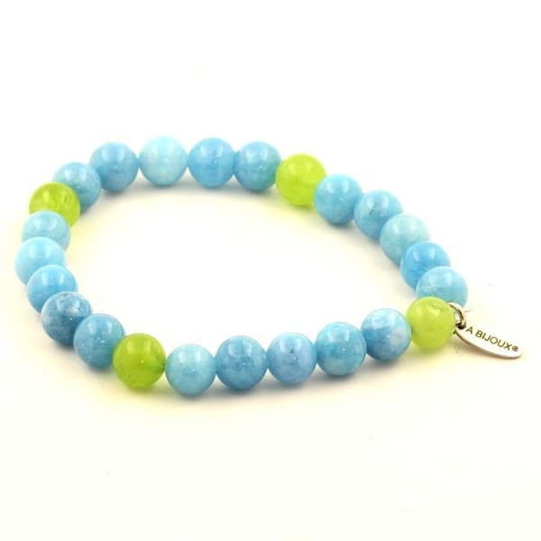 Armband - ABIJOUX - Blå kalcedon + Peridot - 8 mm - Längd 19-20 cm - Tillverkad i Frankrike