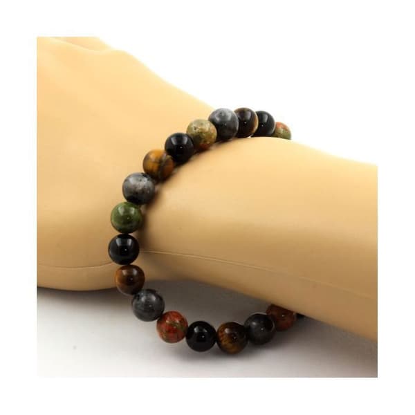 Stenar och mineraler. Labradorite + Tiger Eye + Unakite + Black Agate Beads Armband 8 Tillverkat i Frankrike.