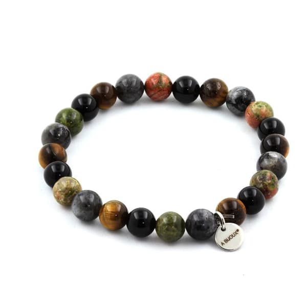 Stenar och mineraler. Labradorite + Tiger Eye + Unakite + Black Agate Beads Armband 8 Tillverkat i Frankrike.