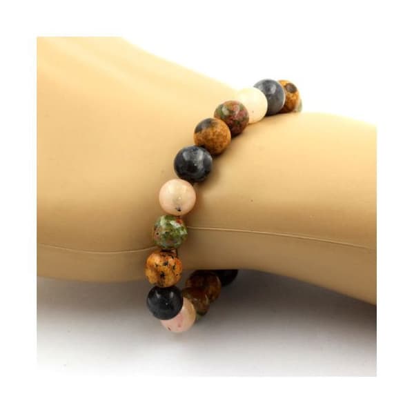 Stenar och mineraler. Labradorite Beads Armband + Pink Opal + Landscape Jaspis + Unakite 8 Tillverkad i Frankrike.