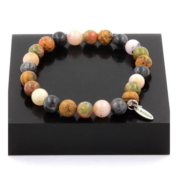 Stenar och mineraler. Labradorite Beads Armband + Pink Opal + Landscape Jaspis + Unakite 8 Tillverkad i Frankrike.