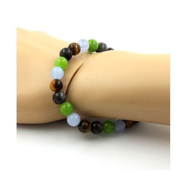 Stenar och mineraler. Aquamarine + Tiger Eye + Labradorite + Peridot Beads Armband 8 Tillverkat i Frankrike.