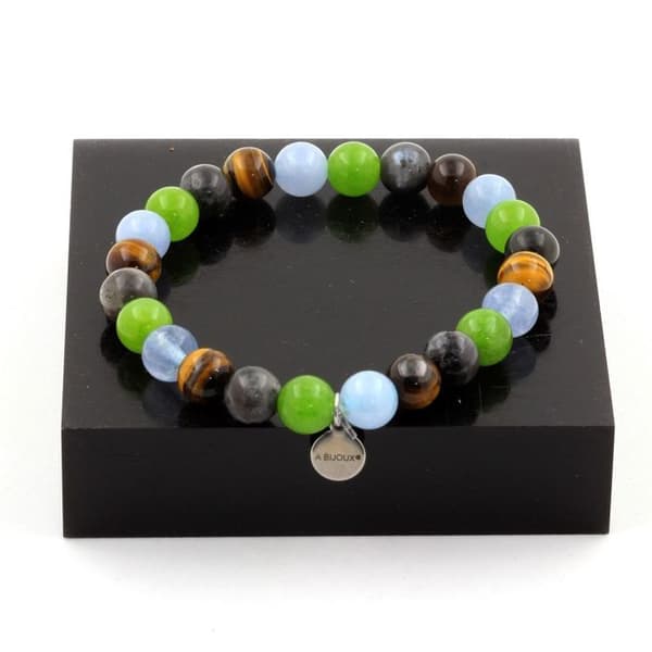 Stenar och mineraler. Aquamarine + Tiger Eye + Labradorite + Peridot Beads Armband 8 Tillverkat i Frankrike.
