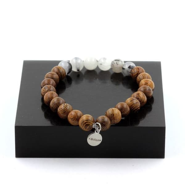 Armband - ABIJOUX - Svart rutilkvarts + trä - 8 mm pärlor - Längd 19-20 cm - Mixad