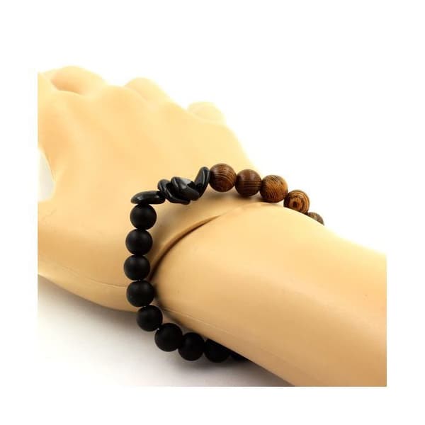 Stenar och mineraler. Schorl Tourmaline Armband från Brasilien + Mattsvarta Onyxpärlor + Trä 8 Tillverkat i Frankrike.