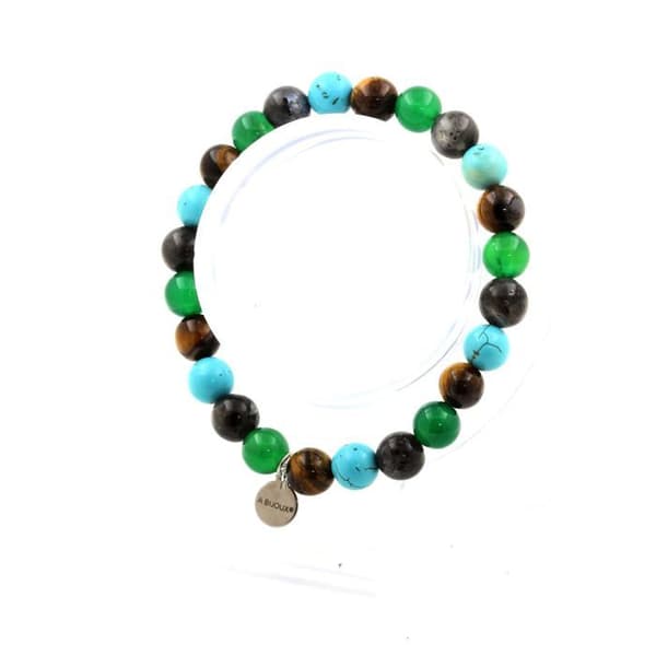 Stenar och mineraler. Armband Tiger Eye Beads + Labradorite + Turkos + Green Agate Made in France.