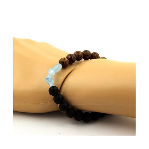 Armband - ABIJOUX - Aigue-Marine från Brasilien - Mattsvart Onyx - Trä - 19-20 cm