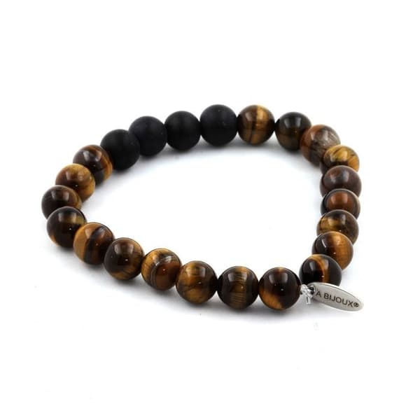 Armband - ABIJOUX - Tigeröga + Matt svart Onyx - 8 mm - Längd 19-20 cm - Tillverkad i Frankrike