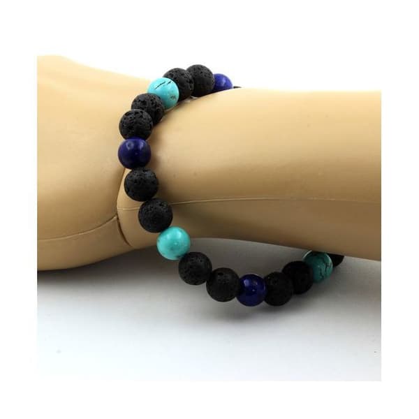 Stenar och mineraler. Lapis Lazuli + Turkos + Lava Beaded Armband 8 mm. Tillverkad i Frankrike.