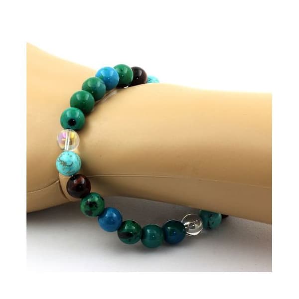 Stenar och mineraler. Red Tiger Eye Beads Armband + Chrysocolla + Turkos + Quartz Made in France.