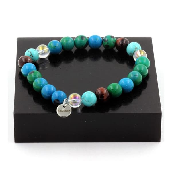 Stenar och mineraler. Red Tiger Eye Beads Armband + Chrysocolla + Turkos + Quartz Made in France.