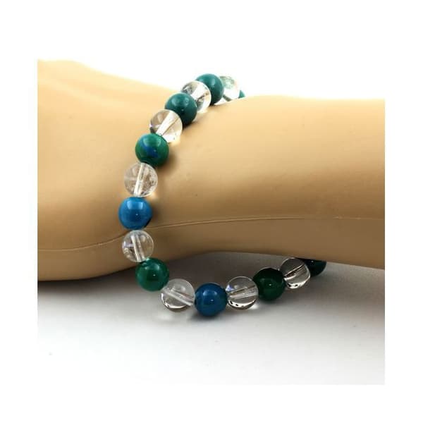 Stenar och mineraler. Chrysocolla + Quartz Beads Armband 8 mm. Tillverkad i Frankrike.