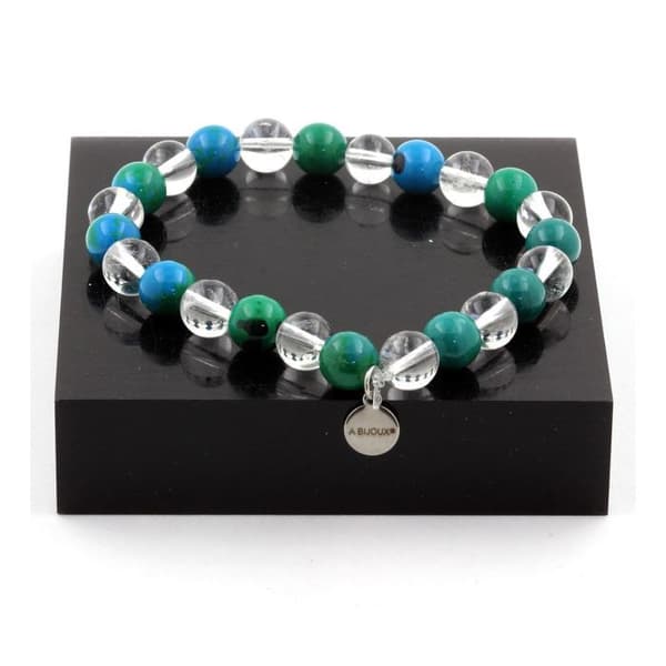 Stenar och mineraler. Chrysocolla + Quartz Beads Armband 8 mm. Tillverkad i Frankrike.