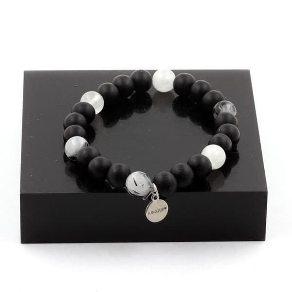 Armband - ABIJOUX - Matt svart onyx + Svart rutilkvarts - 8 mm - Längd 19-20 cm - Unisex