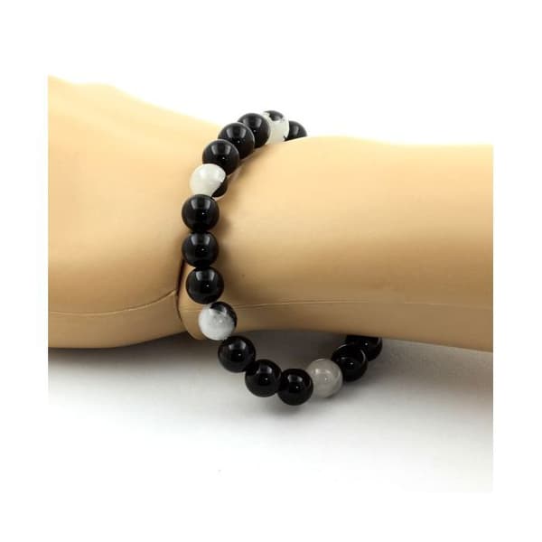 Stenar och mineraler. Armband Black Agate Beads + Black Rutil Quartz 8 mm. Tillverkad i Frankrike.