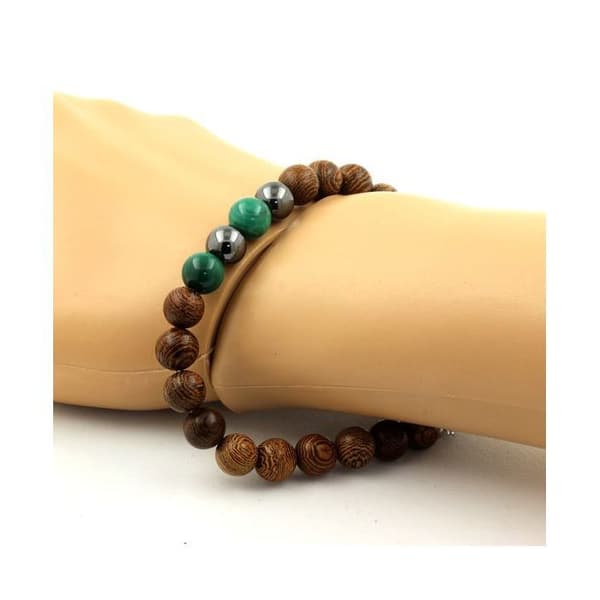 Stenar och mineraler. Armband Pärlor Kongo Malakit + Hematit + trä 8 mm. Tillverkad i Frankrike.