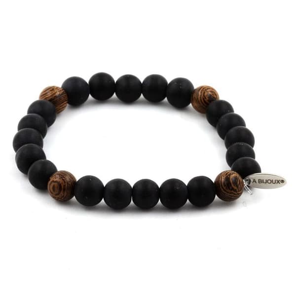 Armband - ABIJOUX - Matt svart onyx + trä - 8 mm - Längd 19-20 cm - Tillverkad i Frankrike