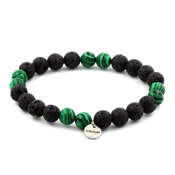 Stenar och mineraler. Malakit + Lava Beaded Armband 8 mm. Tillverkad i Frankrike.