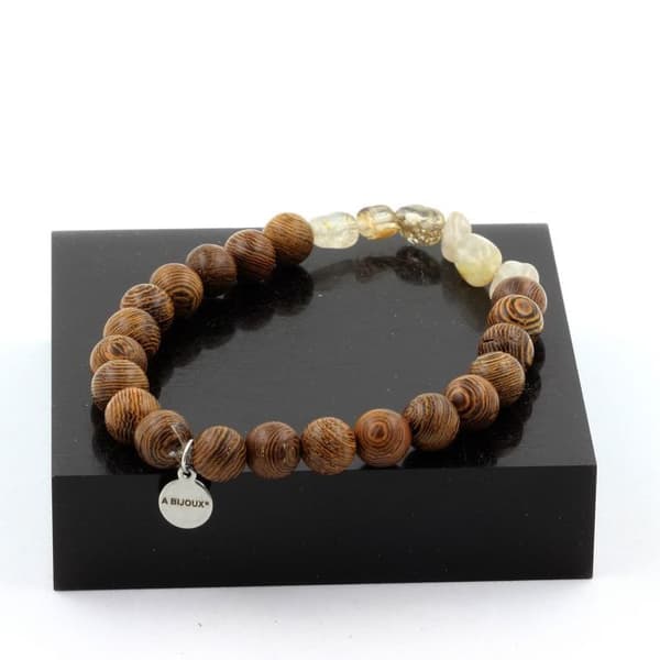 Stenar och mineraler. Gyllene Rutil Quartz Armband från Brasilien + 8 mm träpärlor. Tillverkad i Frankrike.