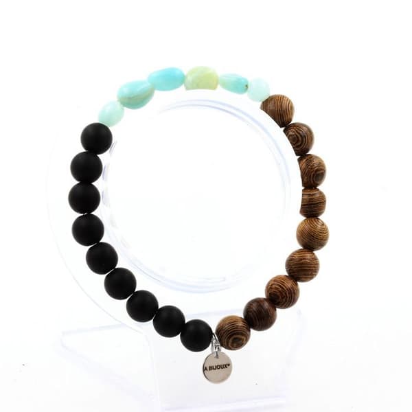 Armband - ABIJOUX - Amazonit från Brasilien - Svart matt onyx - Trä - 8 mm - Längd 19-20 cm