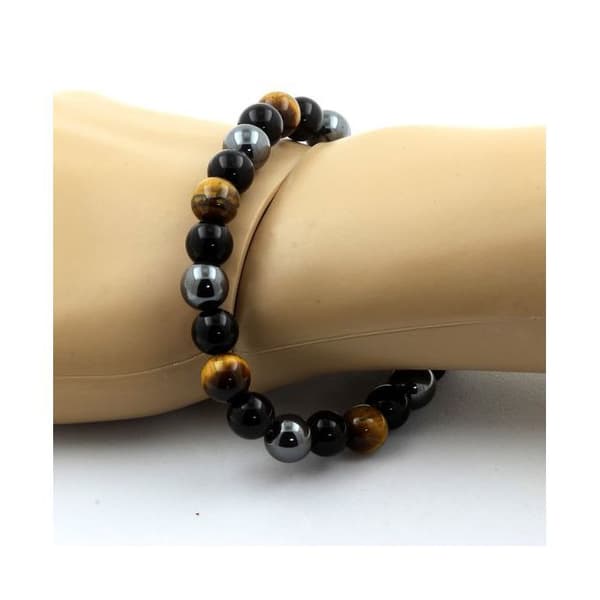 Stenar och mineraler. Armband Tiger Eye Beads + Hematite + Black Agate 8 mm. Tillverkad i Frankrike.