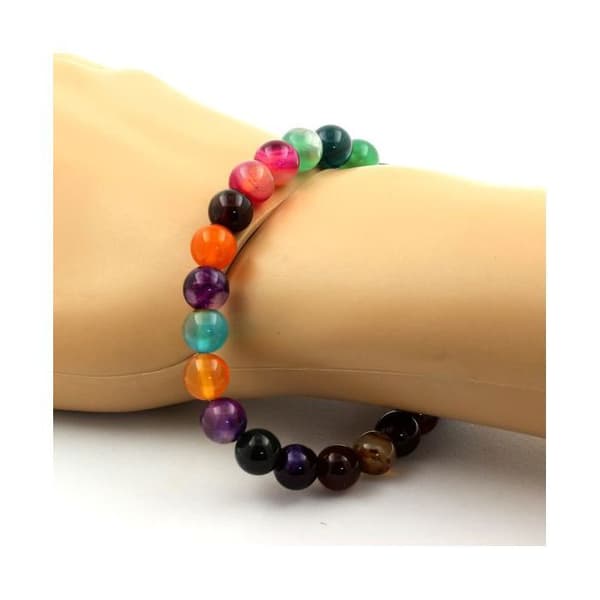 Stenar och mineraler. Mångfärgad Ribboned Agat Beaded Armband 8 mm. Tillverkad i Frankrike.